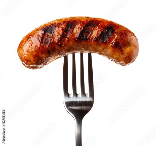 Grilled sausage on a fork isolated on transparent background