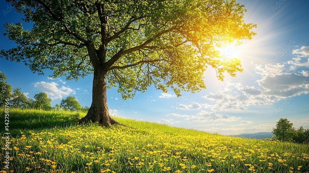 Fototapeta premium Sunny spring day, lone tree, wildflowers, hills
