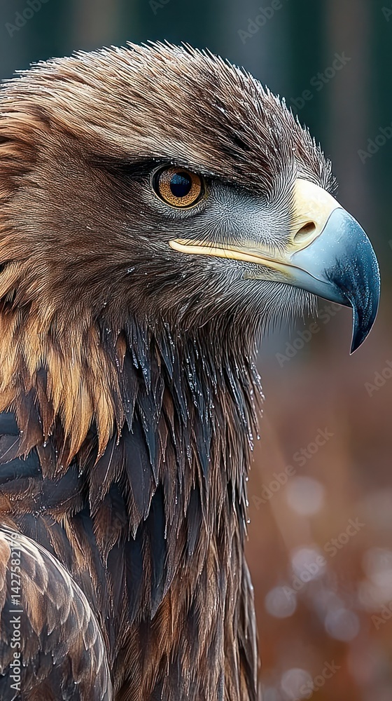 Fototapeta premium Majestic golden eagle profile, focused gaze, forest background