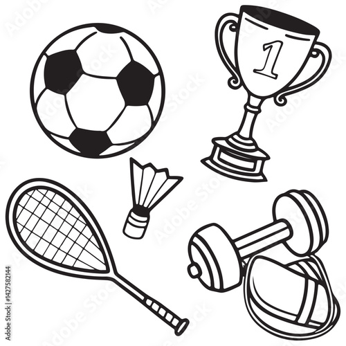 A set with sports equipment for exercises. Cross trainers, dumbbells, skipping rope, tennis racket, 
football, baseball, sports vector 
