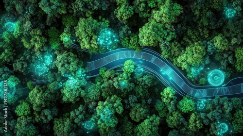 Aerial view Smart road through lush forest.