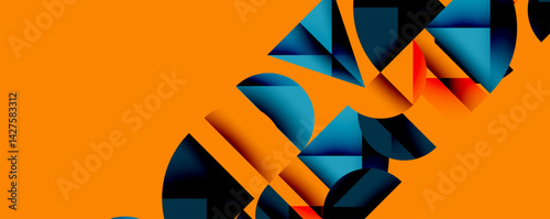 Abstract geometric shapes dominate composition. Orange background contrasts with blue, black, red fragments. Modern design evokes dynamic energy, visual interest.