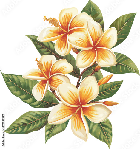 Frangipani flower with yellow petals and green leaves. Vector design illustration for Decoration