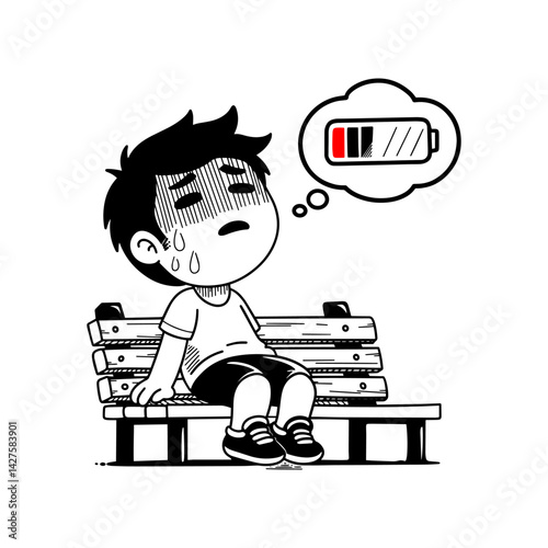 A person sitting in a chair looks exhausted as depicted by the nearly dead battery.