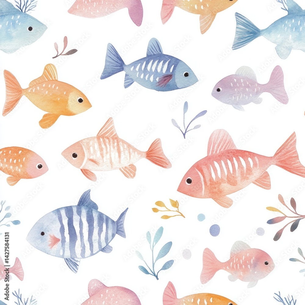 Colorful fish pattern with delicate aquatic plants Colorful fish pattern with delicate aquatic plants