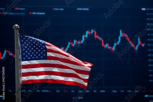 Us flag with declining stock graph symbolizes economic recession and stagnation.American flag waving gently in front of a large, dark blue stock market chart showing a sharp downward trend. blurred