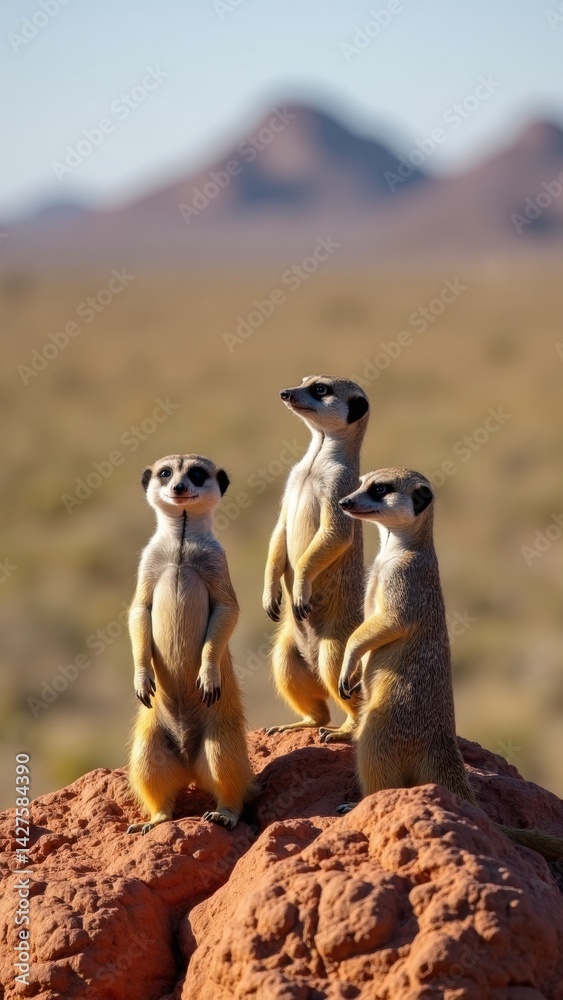 Three meerkats stand upright on a rocky outcrop, silhouetted against the vast Kalahari Desert as they watch their surroundings.