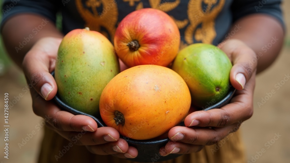 Child's hands cradle a bowl filled with fresh mangoes and papayas, the bright colors creating a joyful atmosphere, emphasizing healthy eating and nature.