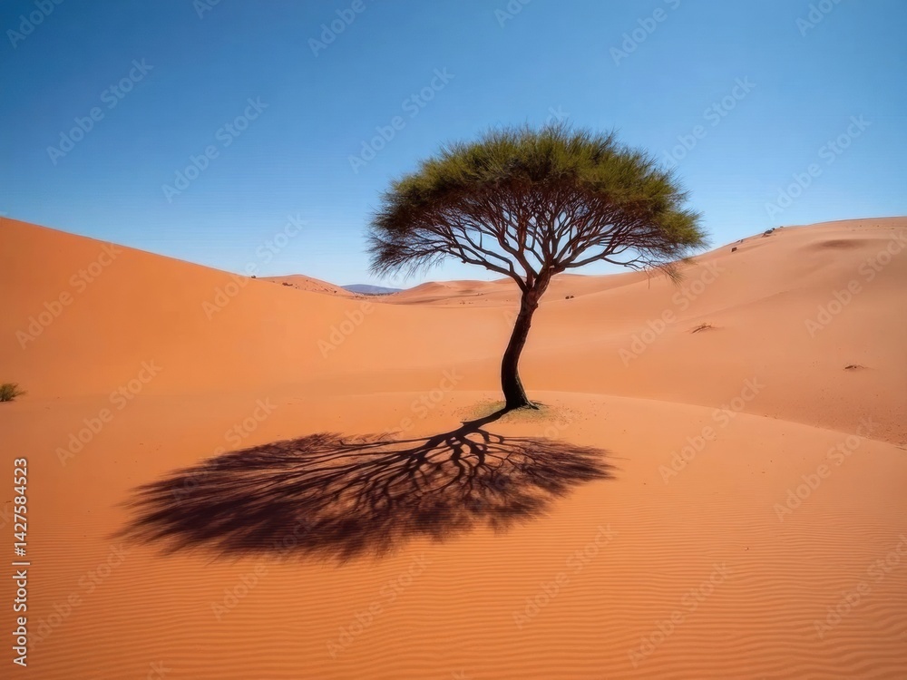 A solitary acacia tree rises majestically amidst vibrant red dunes in the Namib Desert. The clear blue sky highlights the serene atmosphere and captivating landscape.