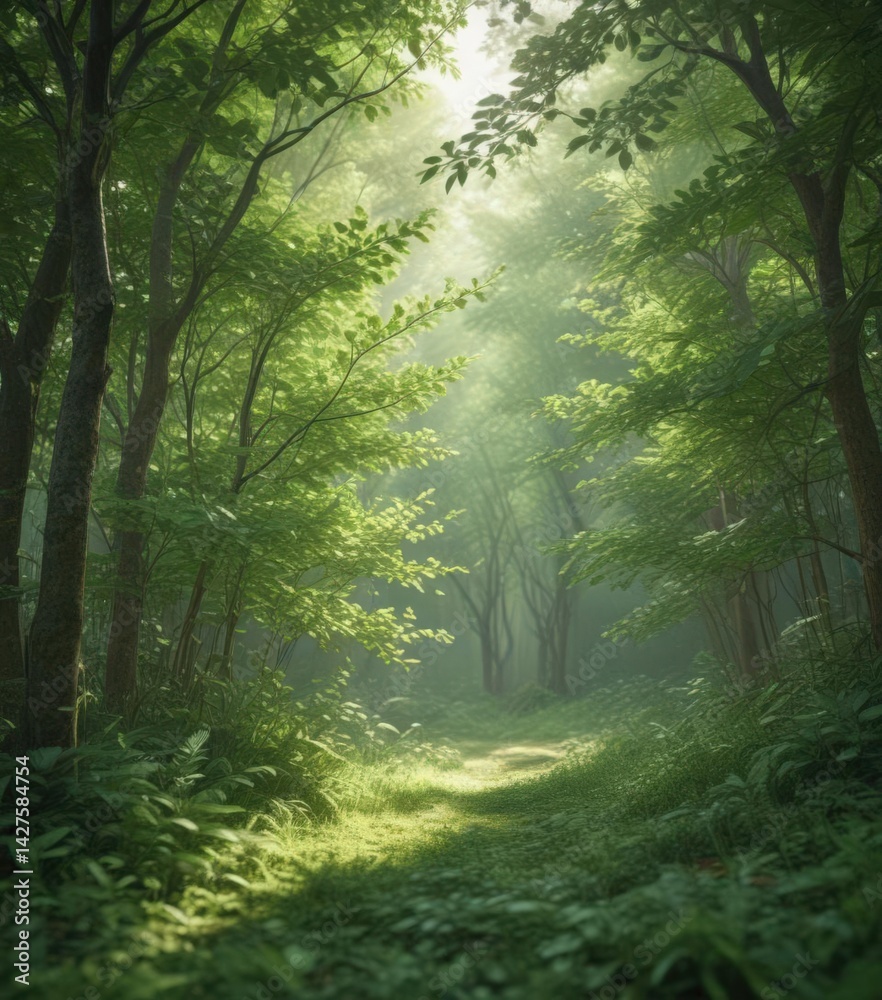 Fototapeta premium Soft, blurred green leaves create an ethereal forest backdrop , bokeh background, jungle