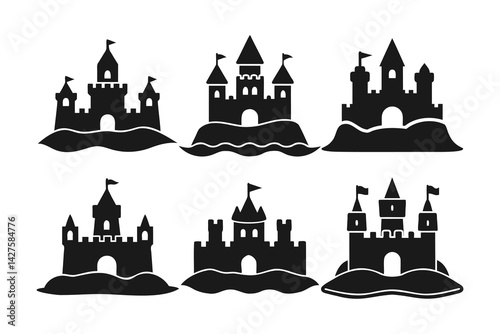 silhouettes of sandcastles vector art, on white background