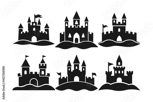 silhouettes of sandcastles vector art, on white background
