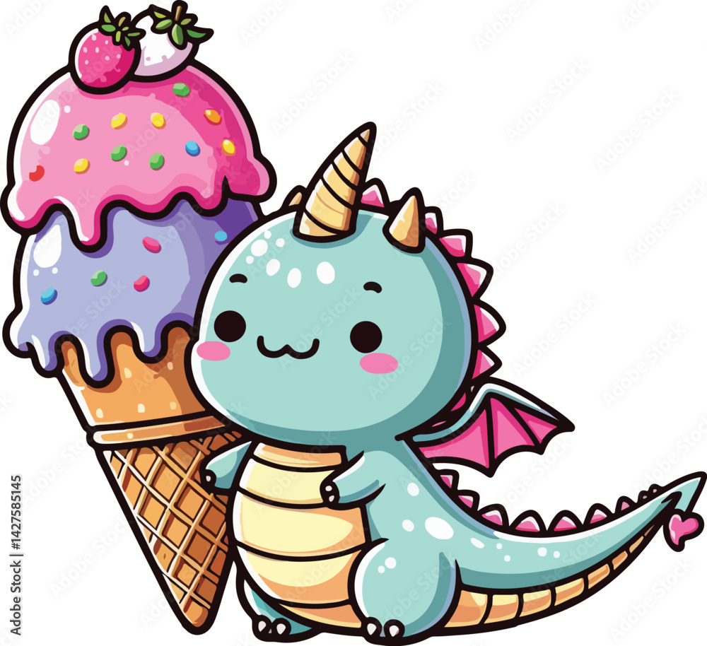 Obraz premium Cute Chibi Dragon Eating Ice Cream Character Cartoon Illustration
