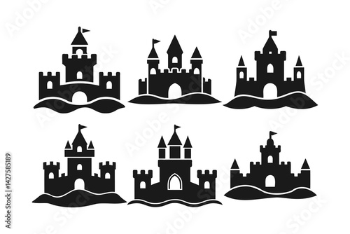 silhouettes of sandcastles vector art, on white background