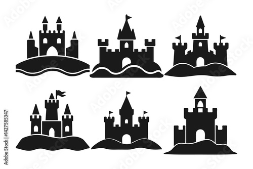 silhouettes of sandcastles vector art, on white background