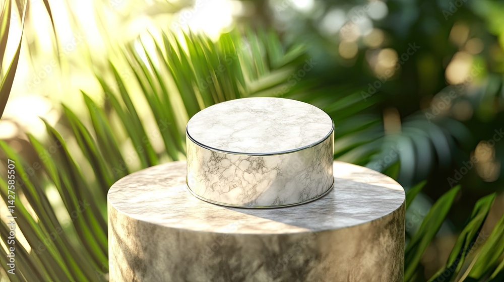 Marble podium display amidst lush foliage. Marble podium display amidst lush foliage.