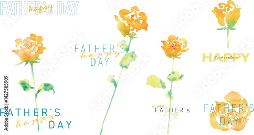 水彩画。水彩タッチの黄色い薔薇イラスト。父の日の黄色い薔薇フレーム。Watercolor painting. Yellow rose illustration with watercolor touch. Father's Day yellow rose frame.