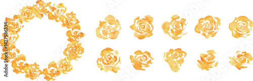 水彩画。水彩タッチの黄色い薔薇イラスト。父の日の黄色い薔薇フレーム。Watercolor painting. Yellow rose illustration with watercolor touch. Father's Day yellow rose frame.