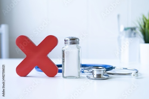 forbidden mark next to salt shaker and stethoscope. sodium intake warning photo