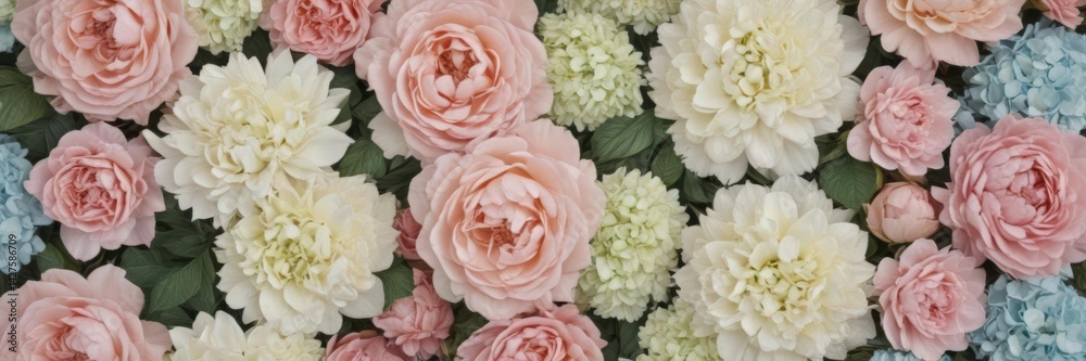 Fototapeta premium Soft pastel artificial flower wall Roses, peonies & hydrangeas in vintage style , summer, hydrangeas