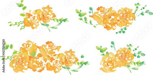 水彩画。水彩タッチの黄色い薔薇イラスト。父の日の黄色い薔薇フレーム。Watercolor painting. Yellow rose illustration with watercolor touch. Father's Day yellow rose frame.