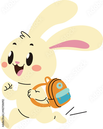 Bunny  runs to school with his schoolbag on his back
