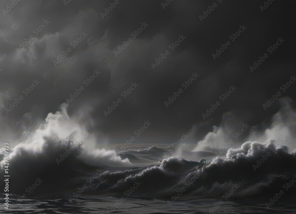 Fototapeta premium Subtle steam over inky black waves, soft focus effect , background, vapor