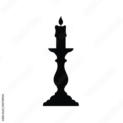 Candlestick silhouette. This image shows a black silhouette of a candlestick with a burning candle on top, also known as a candle holder or taper holder. Vector clipart illustration design.