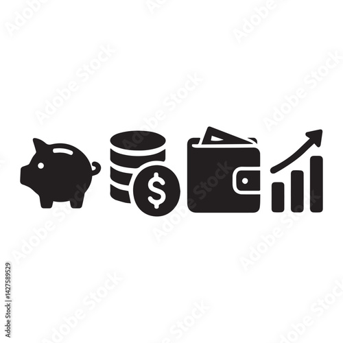 Black Finance Icons Set. Money Bag, Piggy Bank, Coin Stack, Wallet, Growth Chart. Flat Minimal Design
