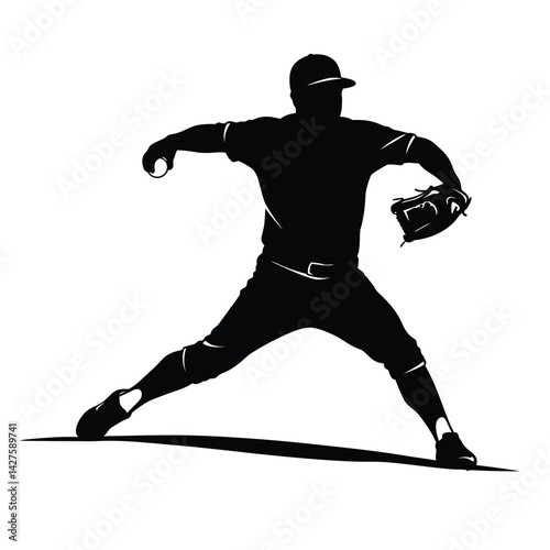 Baseball pitcher silhouette. This image shows a baseball pitcher in a dynamic throwing stance, captured in a black and white silhouette style. Vector clipart illustration design.