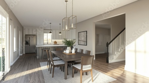 An open-concept dining area with a minimalist dining table and chairs, paired with a modern pendant light and a subtle color palette for a sophisticated look.