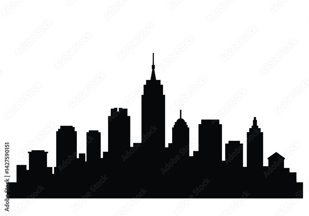 Building silhouette. This image shows a city skyline silhouette with various buildings and skyscrapers. Vector clipart illustration design.