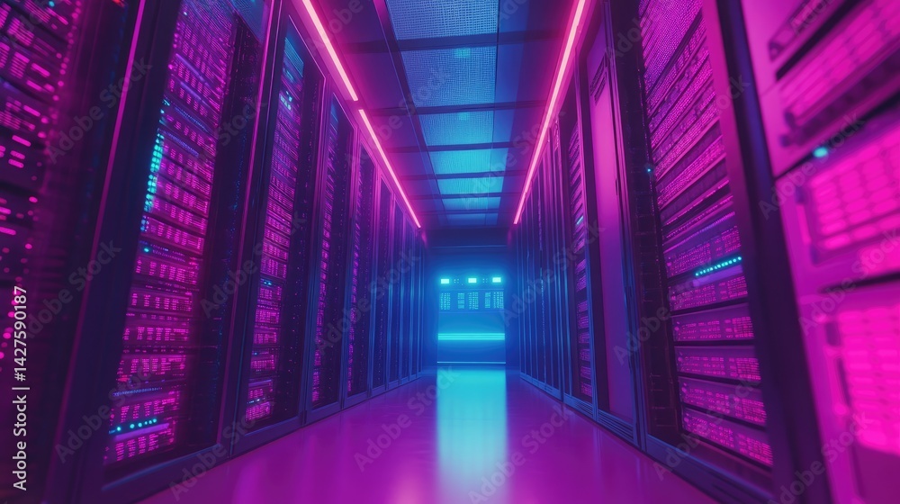 Obraz premium Neon Server Room Data Center Corridor Glow.