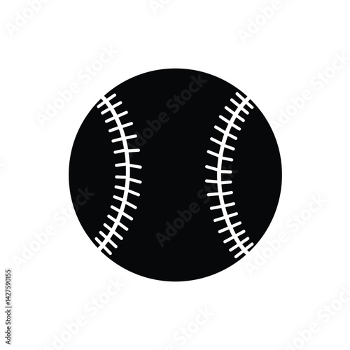 Baseball silhouette. This image shows a black silhouette of a baseball with white stitching, representing a sports ball used in baseball games. Vector clipart illustration design.