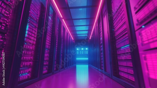 Neon Server Room Data Center Corridor Glow.
