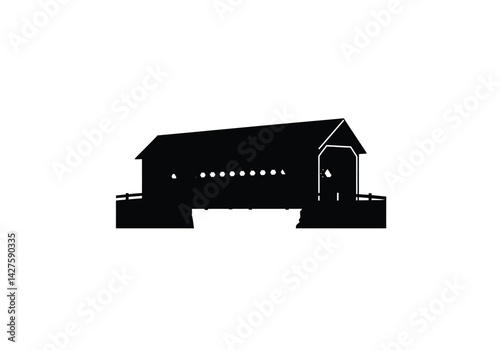 Covered bridge silhouette. This image shows a black silhouette of a covered wooden bridge with a pitched roof, representing historic rural architecture. Vector clipart illustration design.