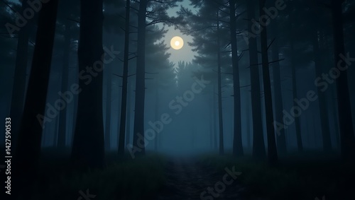 Lush dark forest at night with deep shadows and ethereal moonlight.