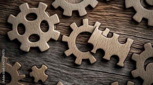 Wooden Gears Puzzle Teamwork  Solution on Rustic Wood.
