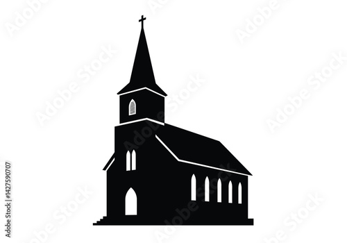 Church building silhouette. This image shows a black silhouette of a church with a prominent steeple and cross, representing Christianity and worship. Vector clipart illustration design.