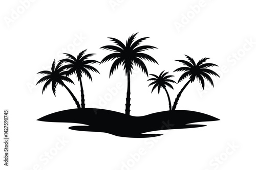 A desert oasis with palm trees silhouette on white background
