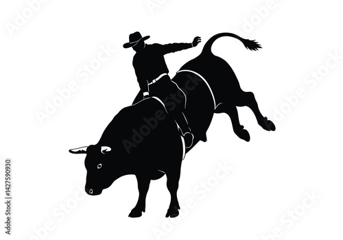 Bull riding silhouette. This image shows a cowboy riding a bucking bull, capturing the dynamic and intense moment of bull riding. Vector clipart illustration design.
