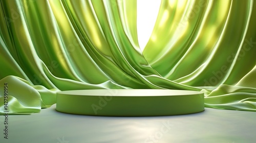 Green Silk Draped Stage with Product Display Mockup.