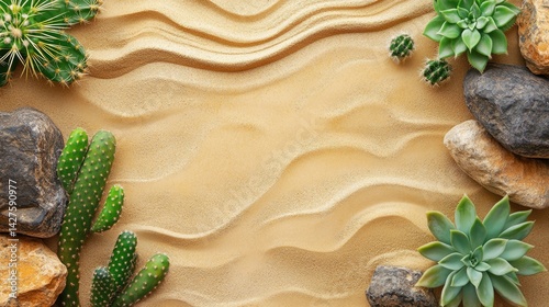 Desert Oasis Succulents  Stones on Sandy Waves.