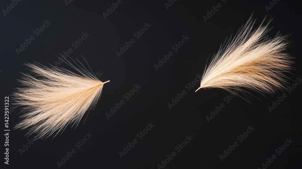 Obraz premium Two delicate, feathery plant structures float against a dark background, showcasing their intricate details and natural beauty.