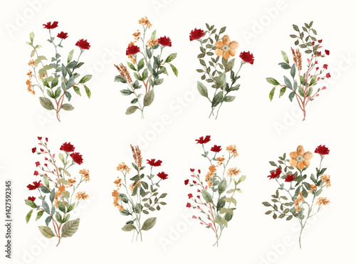red yellow wildflower bouquet watercolor collection