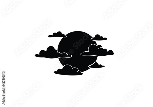 Moon and clouds silhouette. This image shows a black silhouette of the moon surrounded by fluffy clouds, symbolizing weather and celestial elements. Vector clipart illustration design.