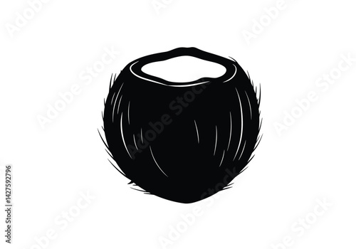 Coconut silhouette. This image shows a black silhouette of a tropical coconut, also referred to as a nut or fruit, with its distinctive round shape. Vector clipart illustration design.