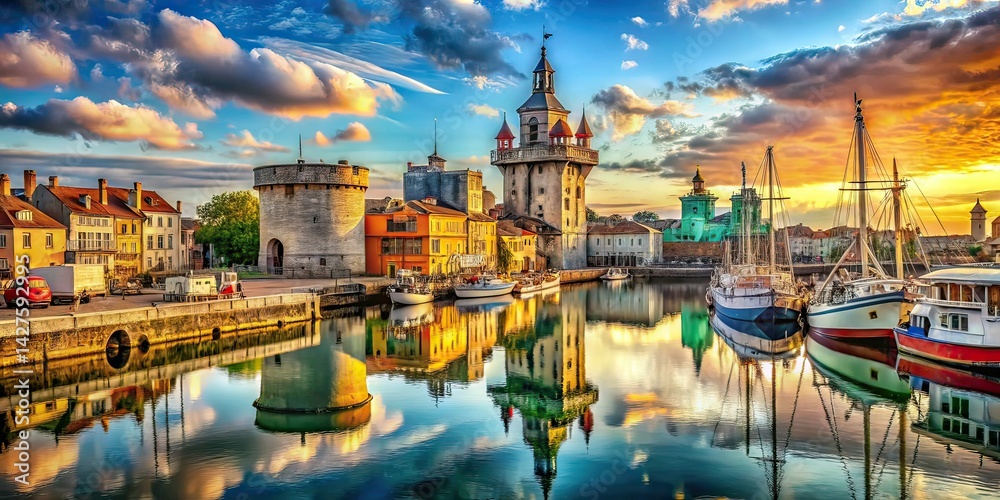 Obraz premium Surreal Shipbuilding, La Rochelle, France, Port City, AI Art, Photorealistic
