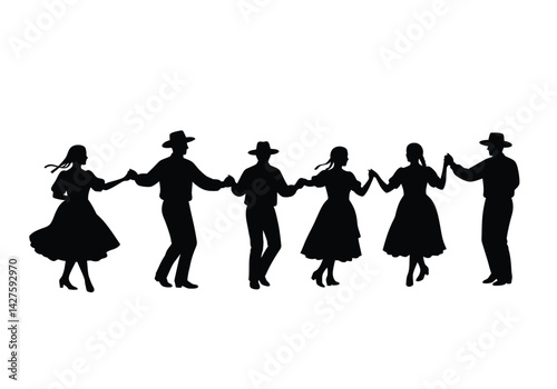 Country dance silhouette. This image shows a black silhouette of two people dancing in a traditional country style, wearing cowboy hats and boots. Vector clipart illustration design.