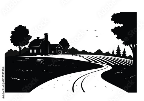 Country scene silhouette. This image shows a farm with a barn, trees, fields, hay bales, and a winding road, depicting a serene rural setting. Vector clipart illustration design.